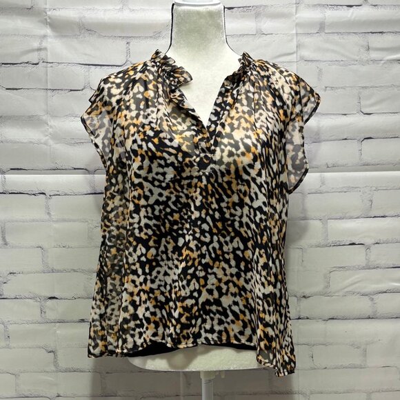 Roan + Ryan Animal Print Ruffle Neck Blouse | Sheer Flutter Sleeve Top | Size S - Picture 1 of 8